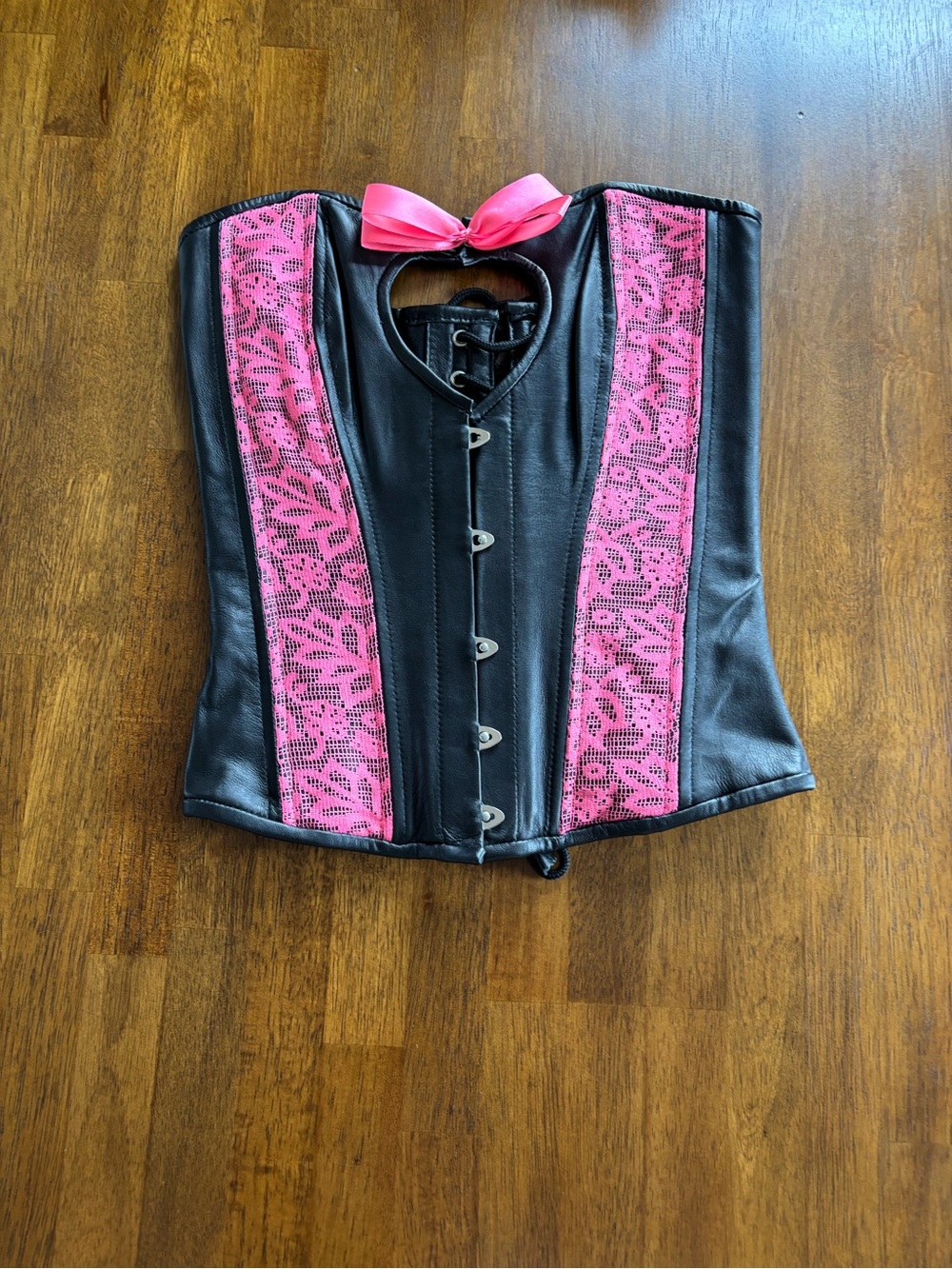 Genuine Leather Black & Hot Pink Lace Corset Bustier Size S